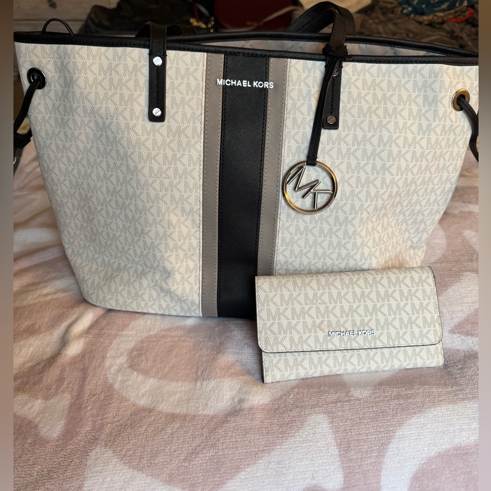 Michael Kors White, Grey and Black Tote Bag